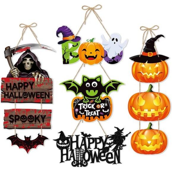 Halloween Home Front-Porch Door Hanger-Decor - 5pcs Scary Party Paper Signs - Picture 1 of 8